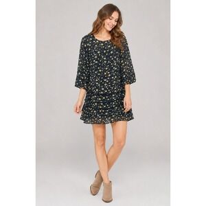 Lulu's Dress Womens Small Black Yellow Floral Print Semi Sheer Lined Zip Back